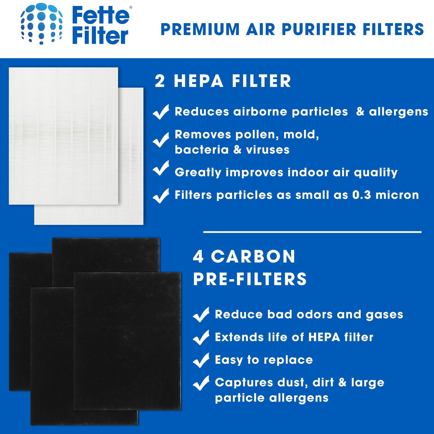 Fette Filter - 2 Hepa with 4 Pre Filter 200M / AP-1512HH Premium H13 True Hepa Filter Set Compaible with Coway AP-1512HH AP1512HH AP-1512HH-FP Airmega 200M AP-1518R 200M(W) # 3304899