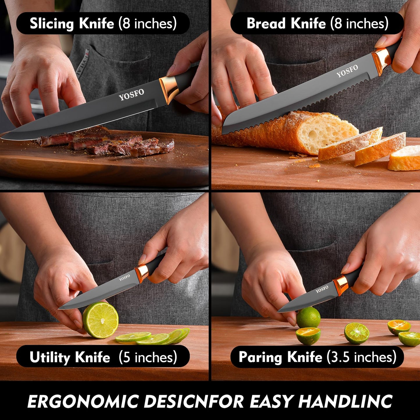 YOSFO Kitchen Knife Set,15 Pcs Knife Set with Block and Sharpener,High Carbon Stainless Steel Ultra Sharp,Dishwasher Safe
