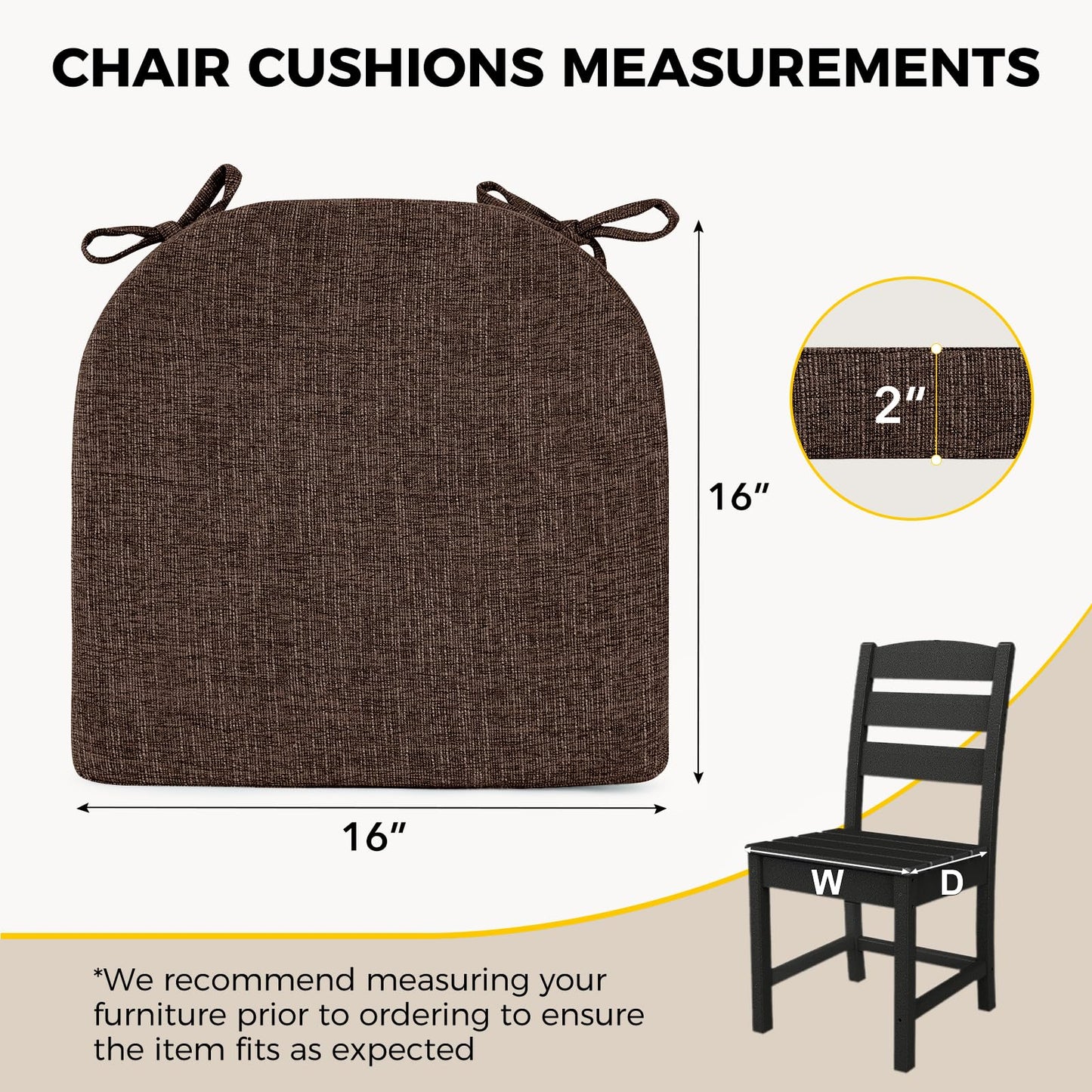 downluxe Indoor Chair Cushions for Dining Chairs, Soft and Comfortable Textured Foam Kitchen Chair Pads with Ties and Non-Slip Backing, 16" x 16" x 2", Brown, 4 Pack