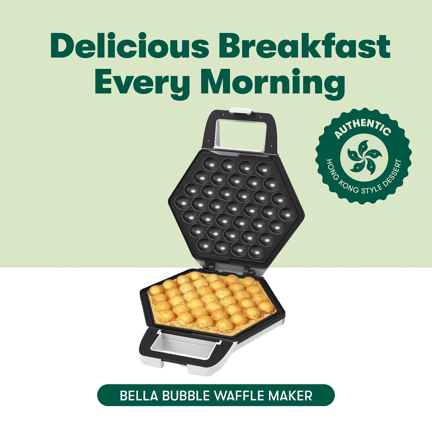 bella Bubble Waffle Maker for Hong Kong Style Breakfast Dessert 9" Waffles, Keto Chaffles Iron with Non-stick PFOA Free Iron Plates for Easy Cleaning and Food Release, Cone Rack Included, White