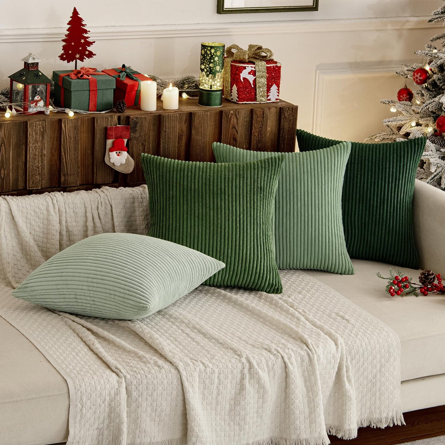 MIULEE Boho Farmhouse Sage Green Throw Pillow Covers 24x24 Inch Set of 4 Mordern Nordic Cushion Covers Soft Corduroy Spring Home Decor for Couch Bed Sofa Living Room Forest Green