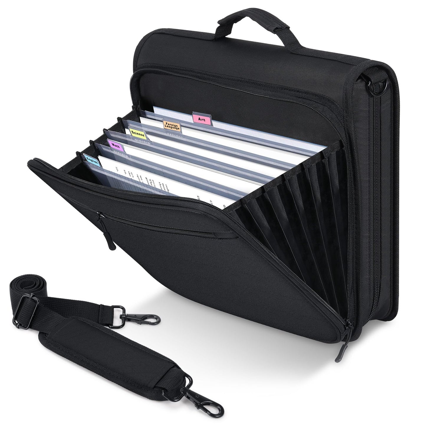 MoKo Zipper Binder, 2 Inch 3 Ring Binder with Multi-Pocket, 500 Sheet Capacity 5 Tab Expanding File Folder, Zipper Bag for School Office, Handle & Shoulder Strap, Black