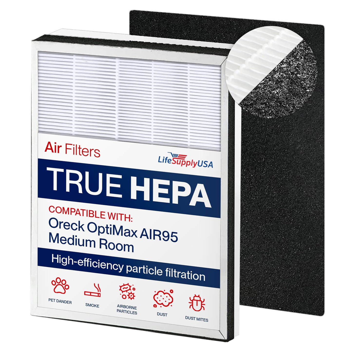 True HEPA Air Cleaner Filter Replacement Kit + 1 Odor Carbon Filters Compatible with Oreck OptiMax AIR95 Medium Room Air Cleaner by LifeSupplyUSA