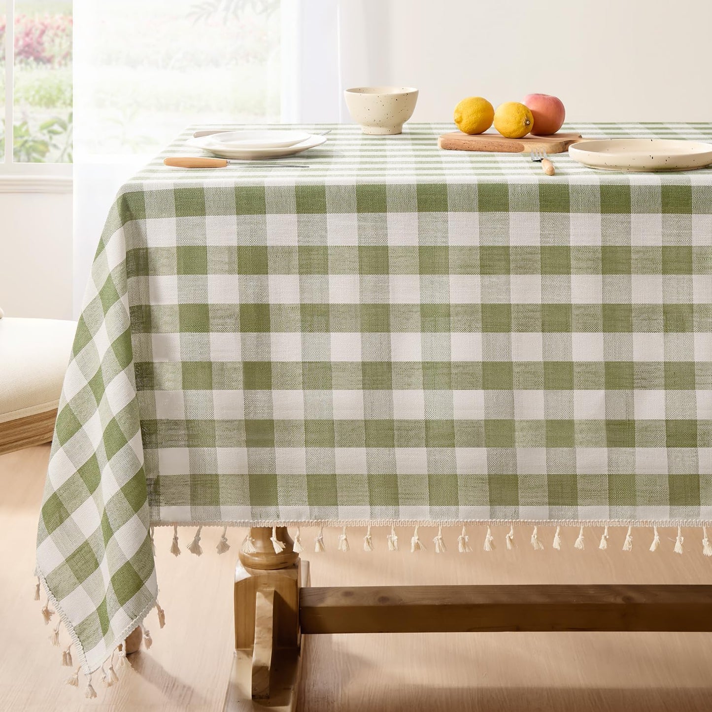 Softalker Outdoor Checkered Tablecloth Rectangle, Spring Summer Linen Cotton Gingham Table Cloth with Tassel, Heavy Duty Wrinkle Free Buffalo Plaid Table Cover for Picnic Camping - 55 x 120 Inch, Sage