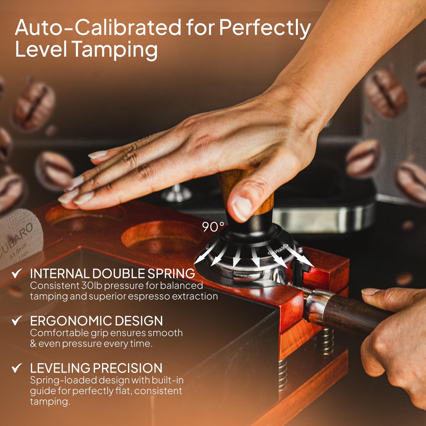 CUBARO 53.3mm Calibrated Espresso Tamper - 30lb Spring Loaded Auto-Leveling Coffee Tamper with Walnut Handle & Ripple Stainless Steel Base for 54mm Portafilters