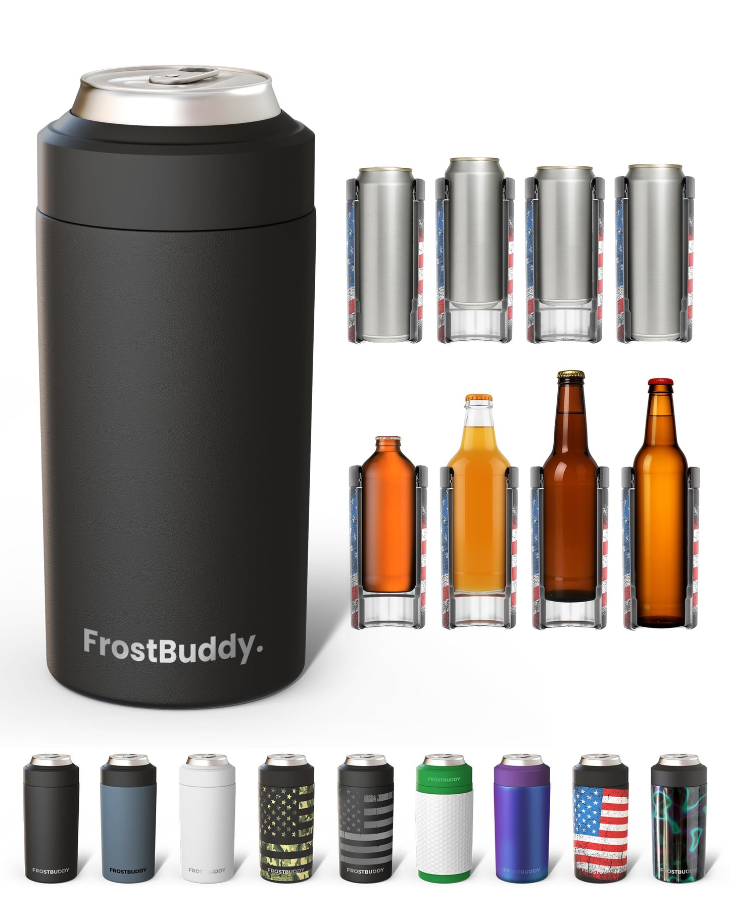 Frost Buddy Universal Can Cooler - Fits All - For Regular 12 & 16 oz or Slim-Size Bottles - Insulated Double-Walled Stainless Steel (MatteBlack)