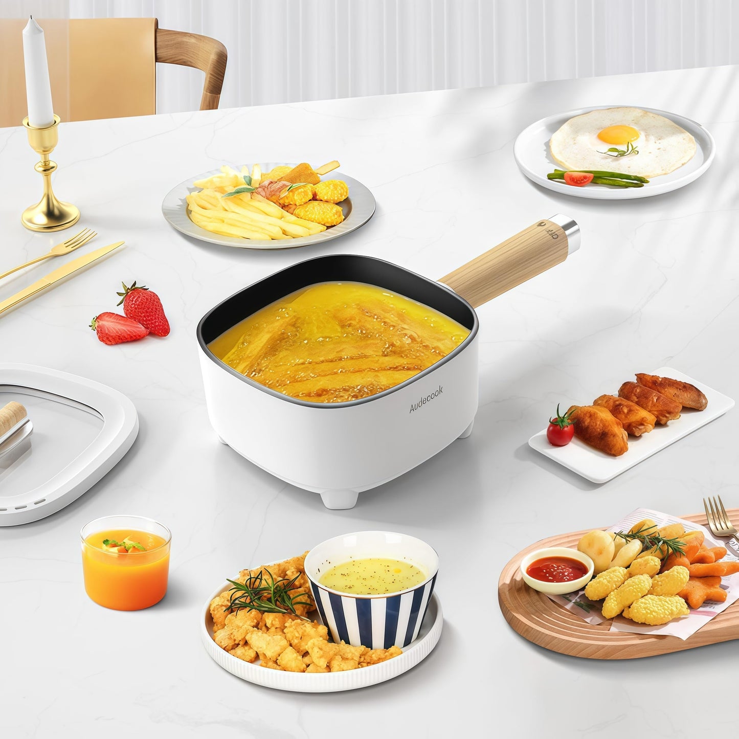 Audecook Hot Pot Electric 2L, Cermic Glaze Non-Stick Frying Pan 8 Inch, Portable Travel Cooker for Ramen/Steak/Fried Rice/Oatmeal/Soup, with Dual Power Control (Silicone Spatula Included)