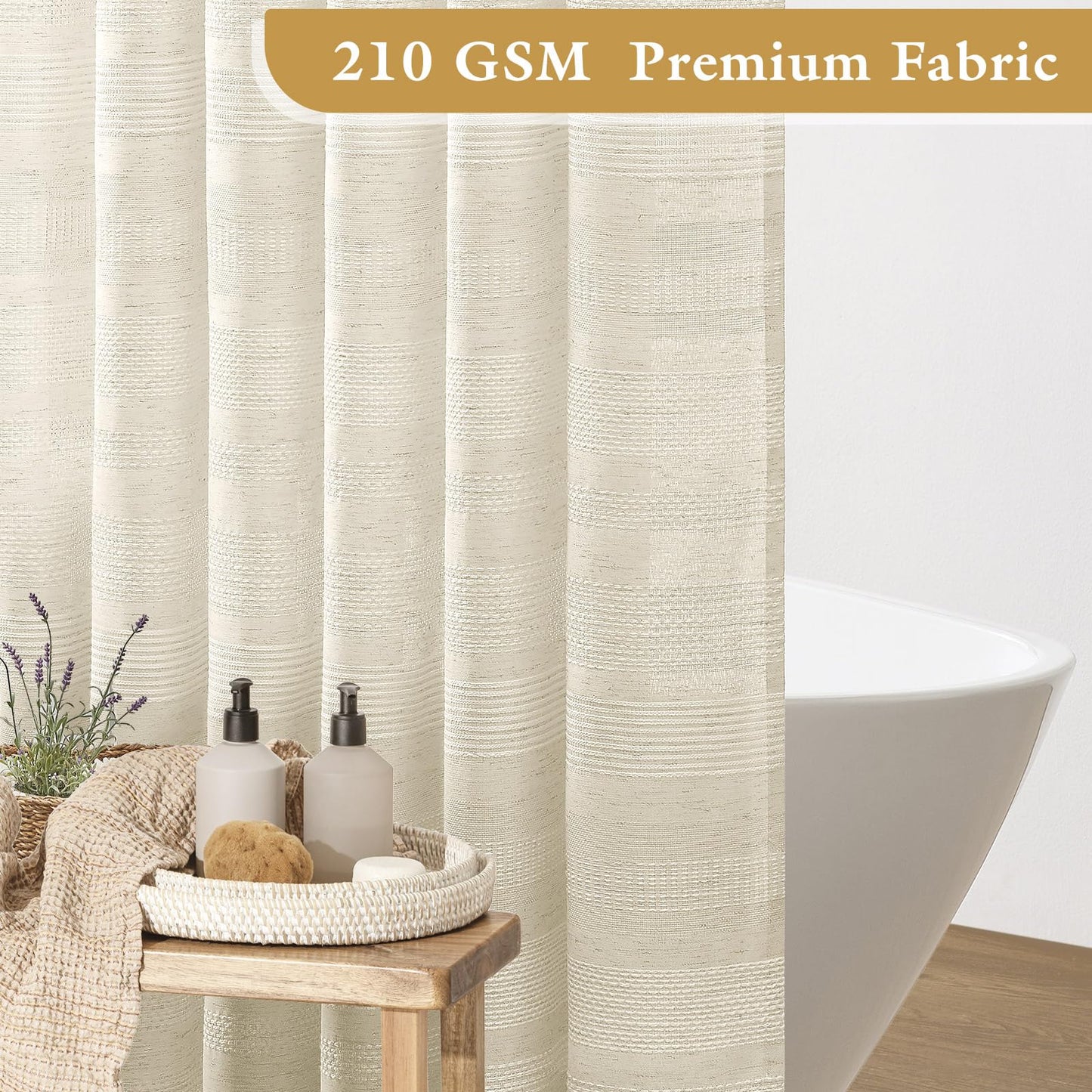Craidlela Boho Farmhouse Shower Curtain Set with Tassel, Linen Bohemian French Country Chic Bathroom Shower Curtain Set, Modern Striped Textured Shower Curtain 72x72 - Beige/Cream