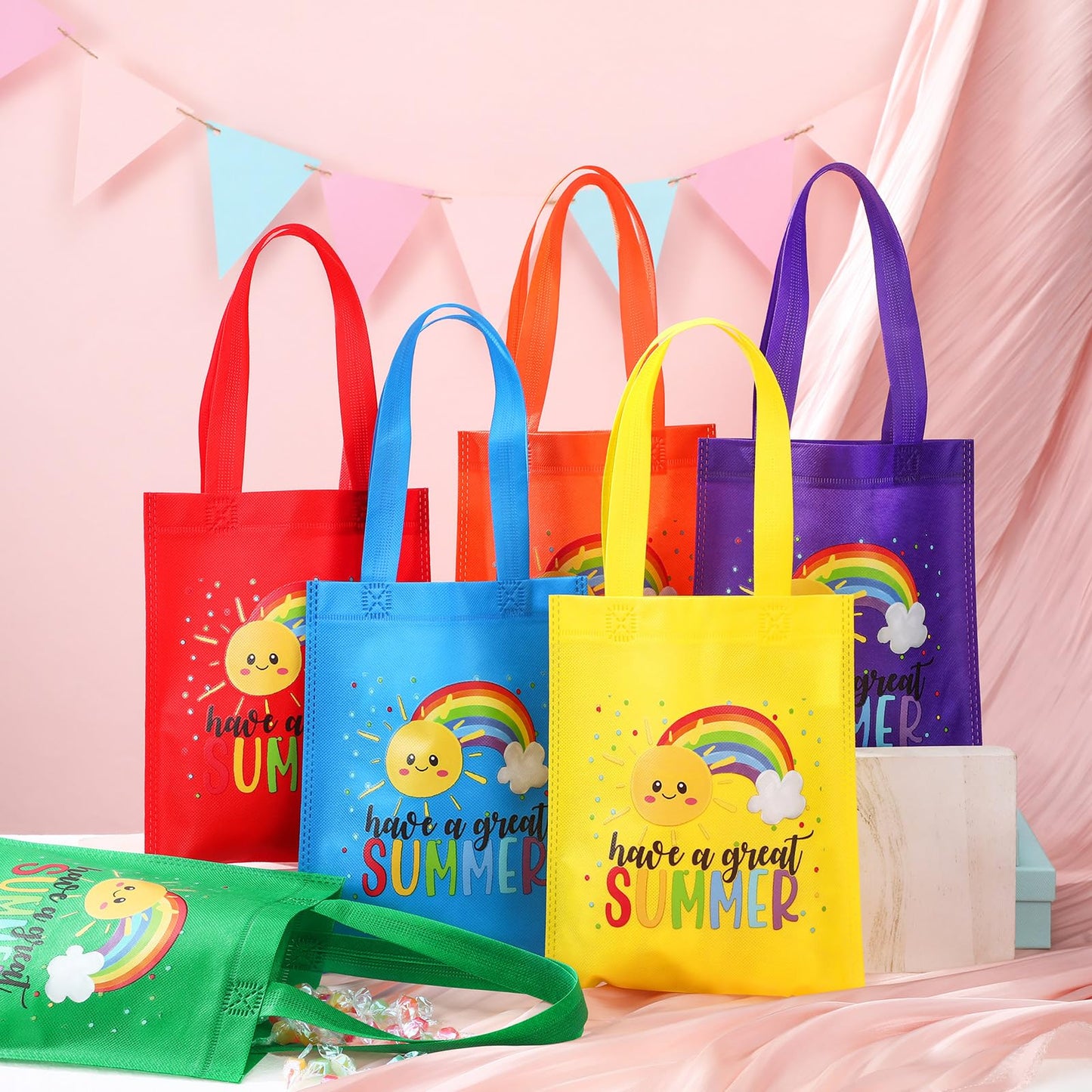 Dansydaisy 24 Pcs End of the Year Gift Bags for Students Bulk Rainbow Non Woven Tote Bags Party Favor Bag with Handles for Sunday School Gift Teacher Appreciation Graduation Party Supplies (Summer)