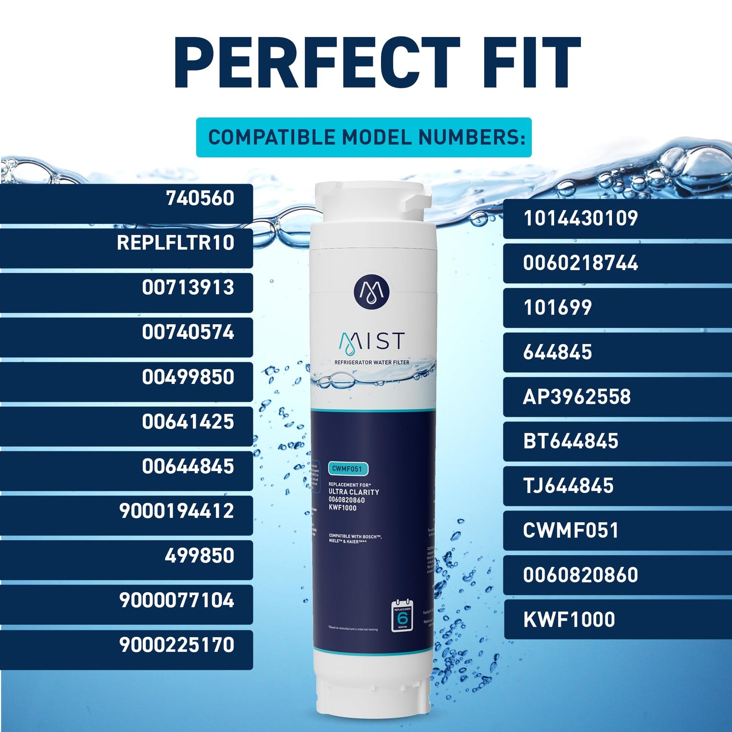 Mist Ultra Clarity Water Filter Replacement for Bosch, Refrigerator Water Filter compatible with 644845, 9000077104, 9000194412, Haier 0060820860, 0060218744, Miele KWF1000 (3 pack)