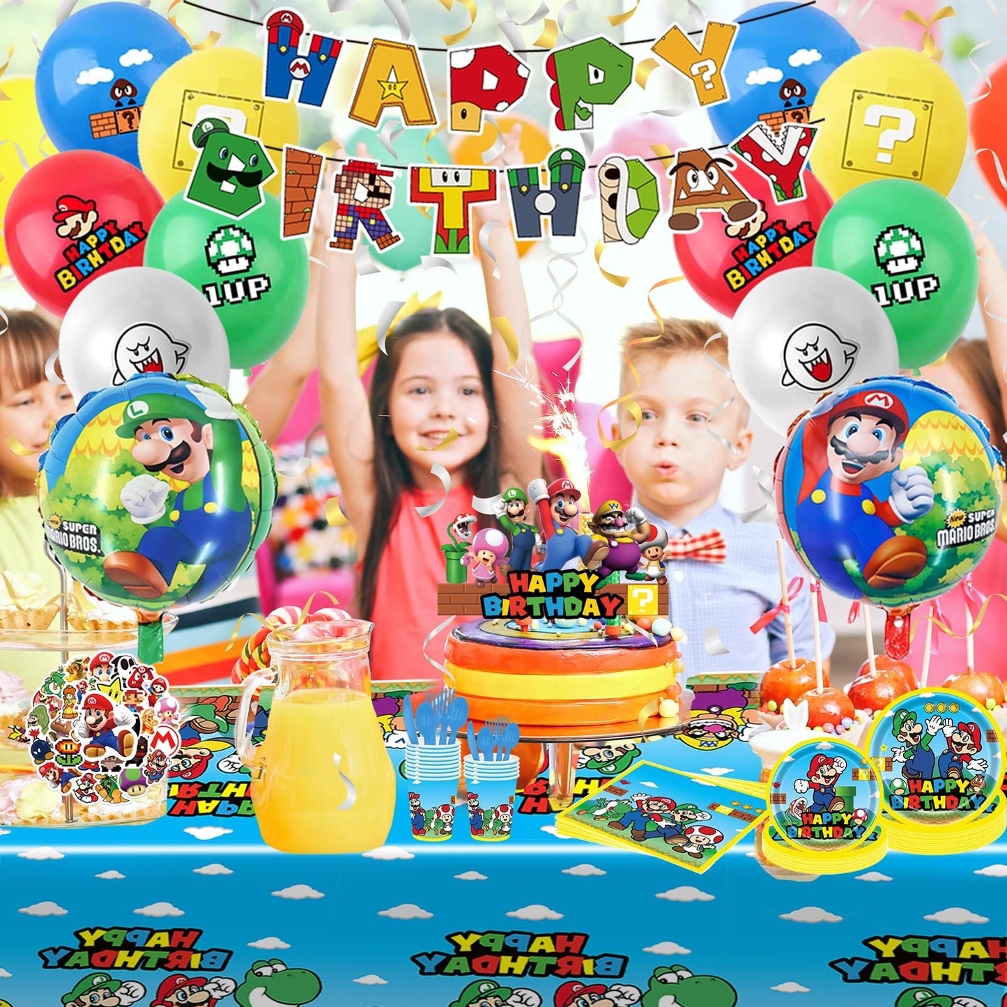 188 PCS Birthday Party Supplies, Party Decorations Includes Balloons, Film Balloons, Plates, Cups, Banners, Knives, Forks, Spoons, Napkins, Stickers, Cake Topper, Cupcake Toppers, Tablecloth