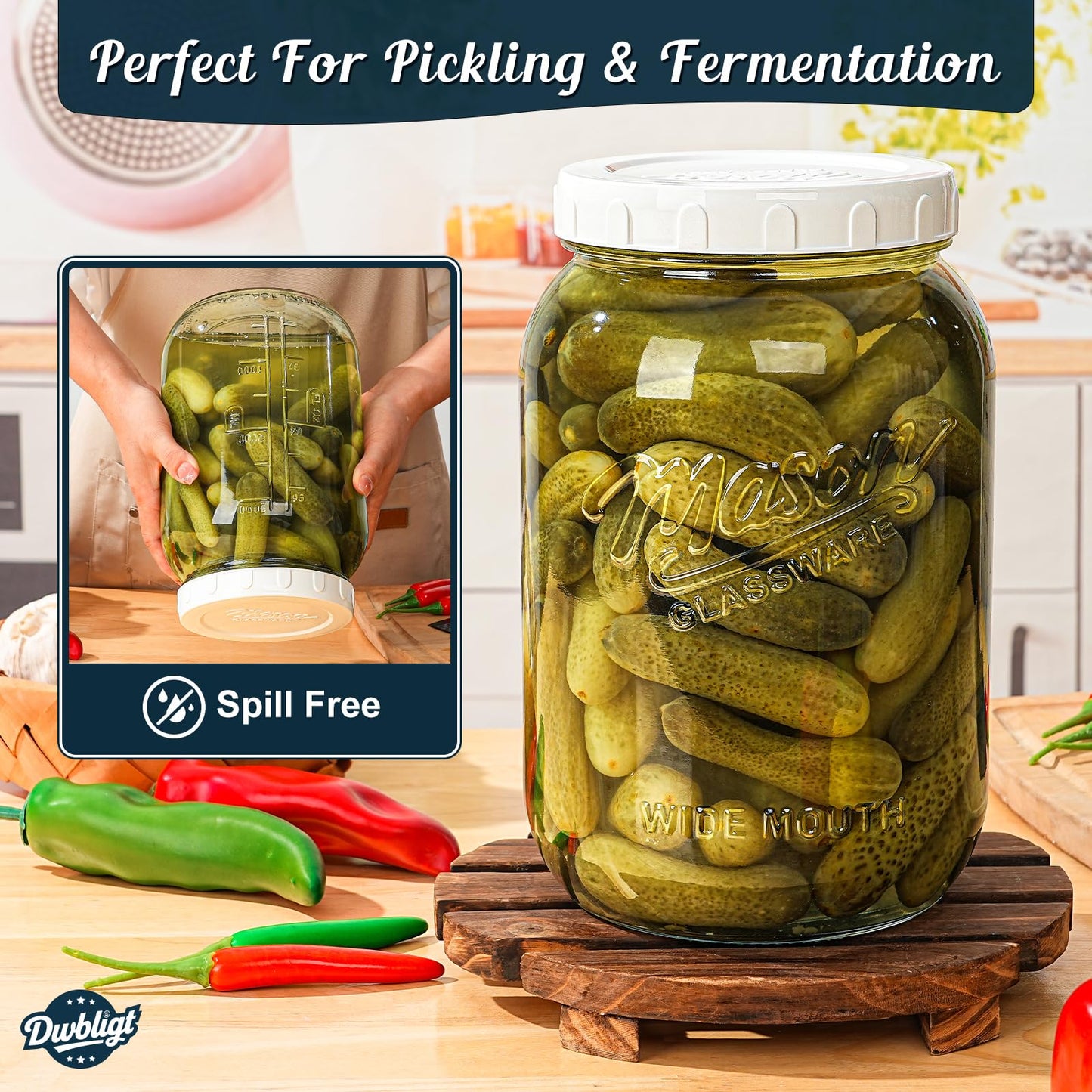 Dwbligt 2 Pack Wide Mouth Mason Jars with Airtight Lid and Silicone Ring - 1 Gallon Large Glass Containers for Food Storage like Flour Sugar, Sun Tea, Kombucha, Refrigerator Safe Fermentation Jar