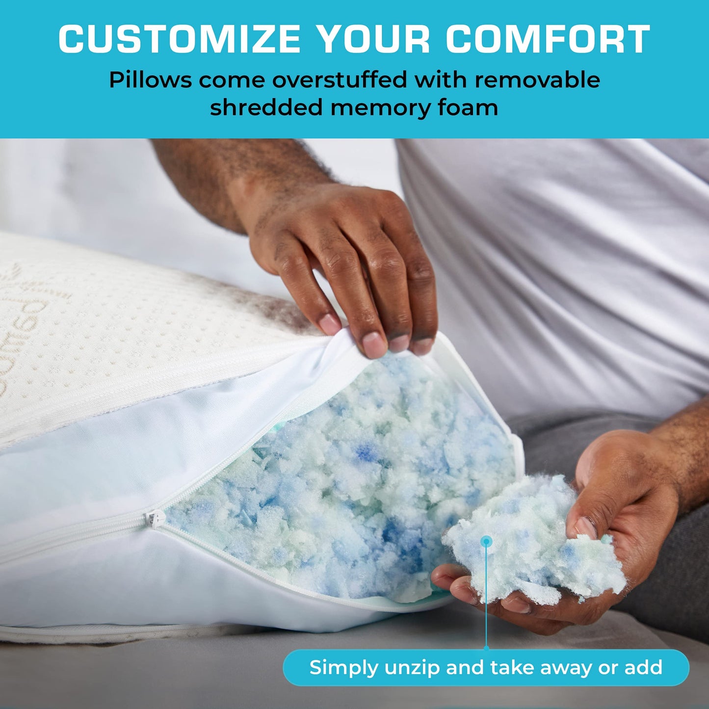 Xtreme Comforts Standard Bed Pillow for Sleeping | Adjustable Shredded Memory Foam Pillows with Removable Cooling Cover | Fluffy Pillows Support for Side, Back & Stomach Sleepers