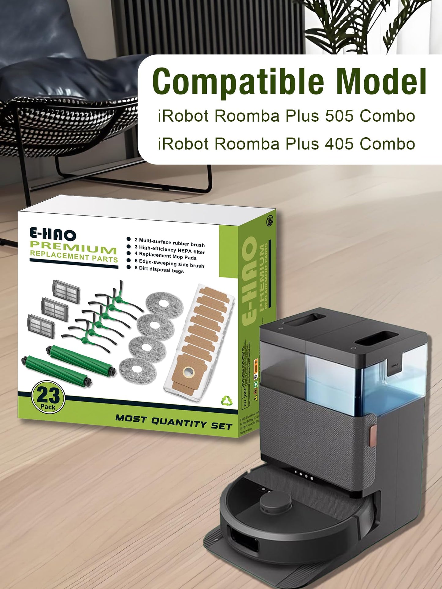 E-HAO 405 & 505 Replacement Parts for iRobot Roomba Plus 405 (G181/G185) Vac, Plus 505 Combo Vacuum. Accessories Kit with 8 Dust Bags, 2 Rubber Rollers, 4 Mop Pads, 3 HEPA Filters, 6 Side Brushes