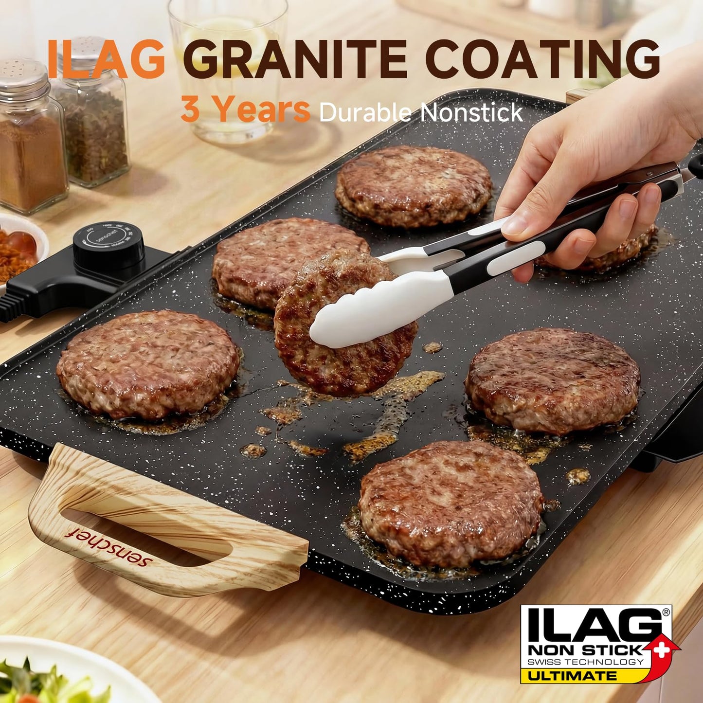 SENSCHEF CookSimple Everyday 20x12 Inch Electric Griddle with 1700W Fast Even Heating&ILAG Granite Nonstick Surface – Large Flat Griddle Perfect for Family Meals, Pancakes–Easy to Clean, Granite Black