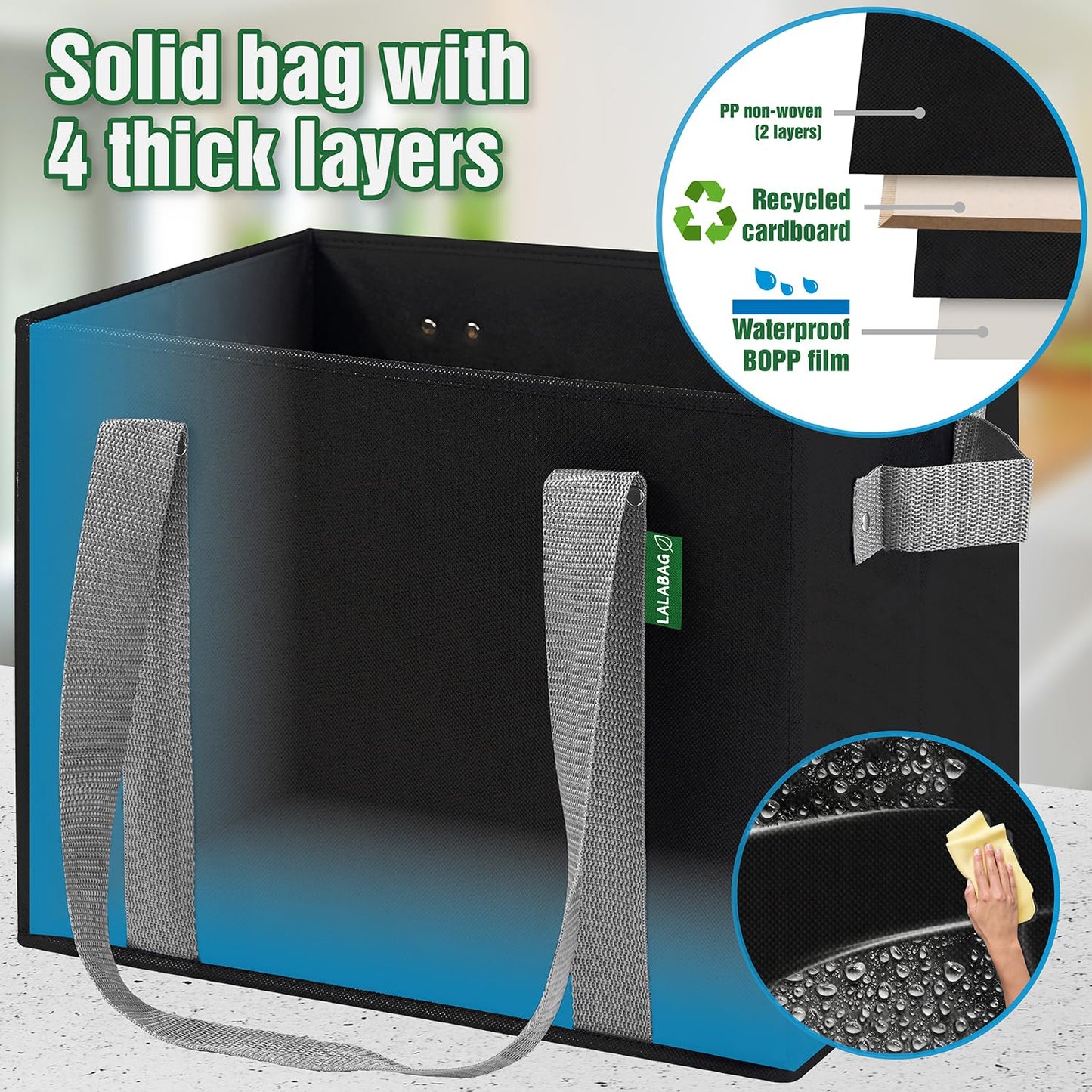 Reusable Grocery Bags (3 Pack ) - Heavy Duty Eco Tote Bags with Box Shape to Stand Up, Hold Up to 65 Lbs - Stay Open & Fold Flat - Foldable Reusable Shopping Bags with Long Handles & Hard Bottom