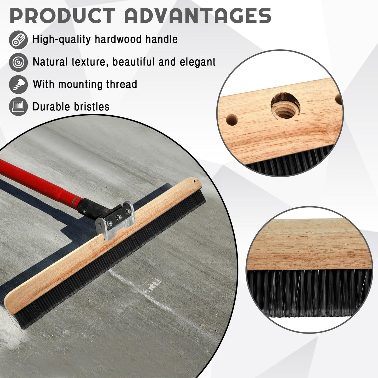Yiyiring 2 Pack 36 Inch Concrete Broom Finishing Tools Without Handle Wood Backed Brush Push Brooms with Mounting Threads for Concrete Finishes Hard Floors Yards