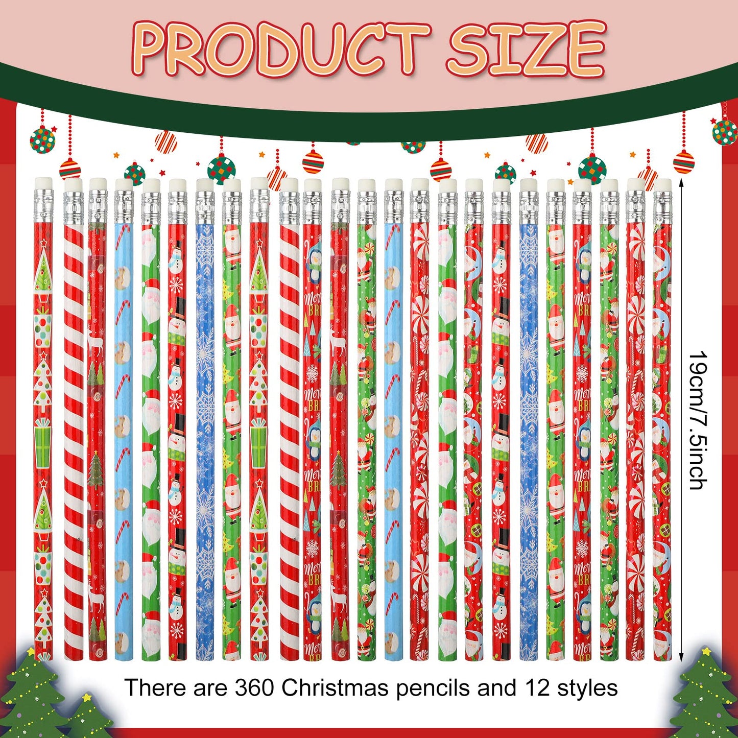 Yexiya 360 Pcs Christmas Pencils with Eraser Xmas Wood Pencils Snowman Santa Claus Christmas Tree Snowflakes Candy Assortment Xmas Stationery Pencil Office Party Favors