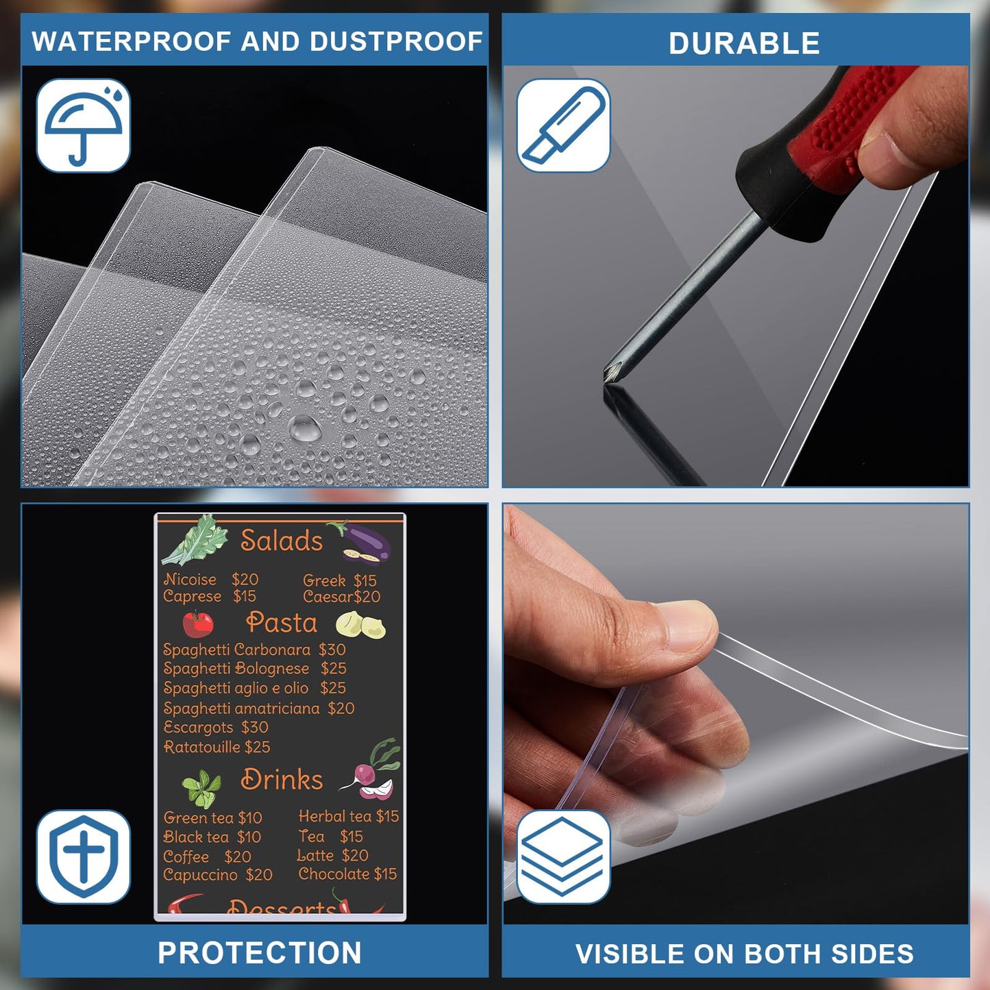 Henoyso 45 Pcs 8.5" x 14" Clear Plastic Menu Sleeves Covers Legal Size for Restaurant Menu Protector, 8.5" x 14" Rigid Print Protectors, Clear Hard Plastic Protective Sleeves Covers
