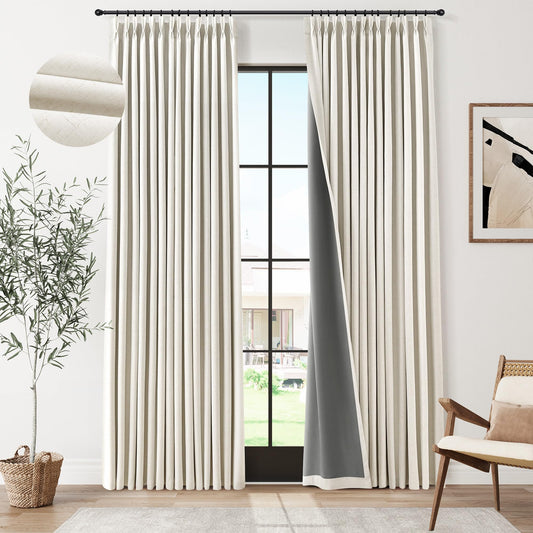 100% Blackout Linen Pinch Pleated Curtains for Bedroom Celing to Floor 96 Inches Long 8ft Natural Cream Room Darkening Thermal Insulated Pleat Window Drapes for Living Room Ivory Beige 2 Panels 40x96
