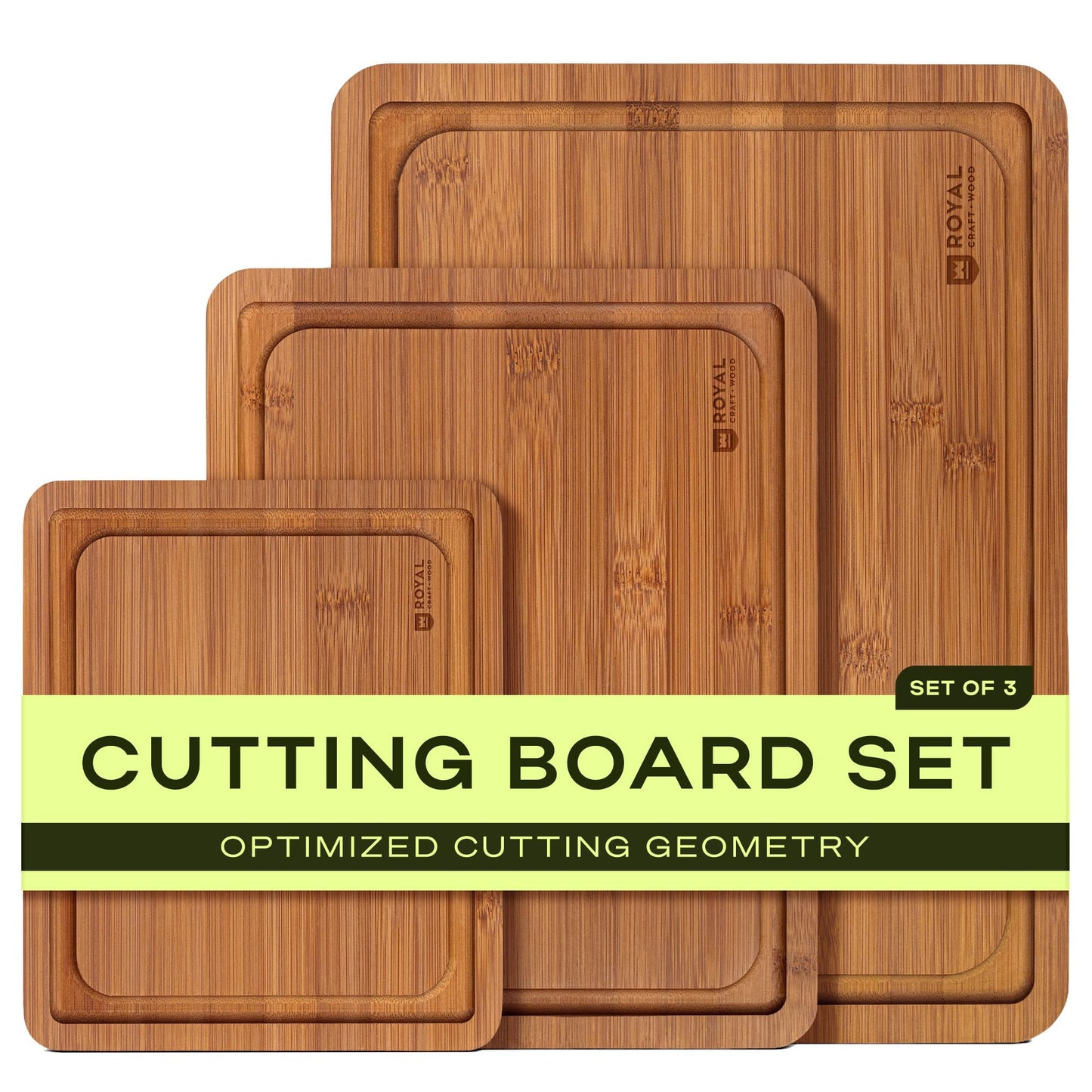 ROYAL CRAFT WOOD Wooden Cutting Boards for Kitchen Meal Prep & Serving - Bamboo Non Toxic Cutting Board Set with Deep Juice Groove Side Handles - Charcuterie & Chopping Butcher Block for Meat (3 Pcs)