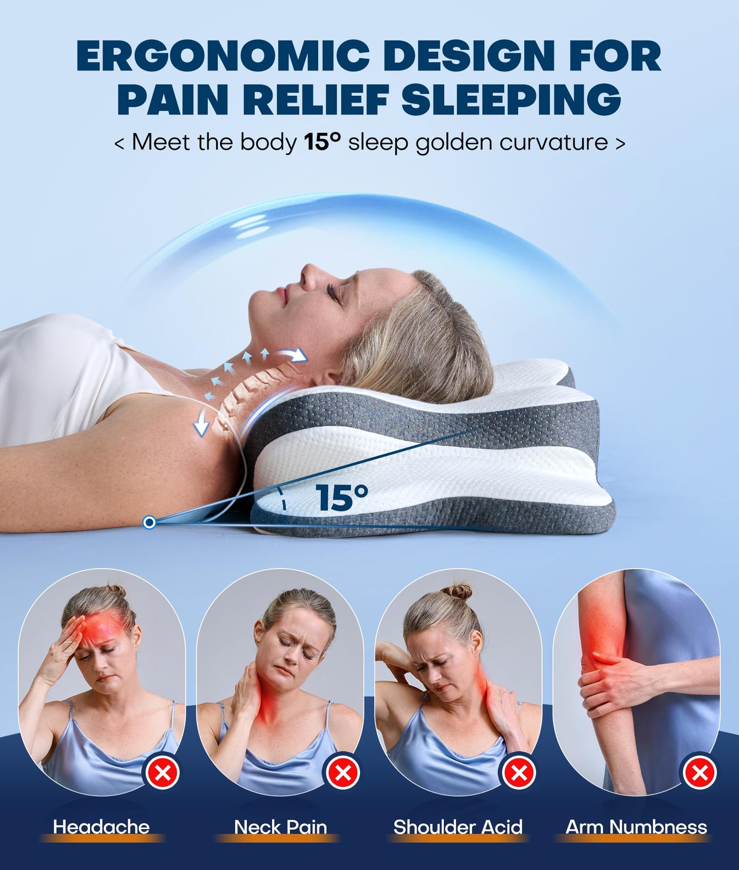5X Pain Relief Cervical Neck Pillow for Neck Support, Ergonomic Cooling Side Sleeper Pillow for Sleeping, Odorless Contour Memory Foam Pillows, Orthopedic Bed Pillow for Side Back Stomach Sleeper