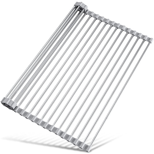 Tomorotec 21" x 15.5" Roll Up Dish Drying Rack Over Sink Drying Rack Sink Cover Kitchen Sink Accessories Gadget Multipurpose Organizer Foldable Stainless Steel Drainer