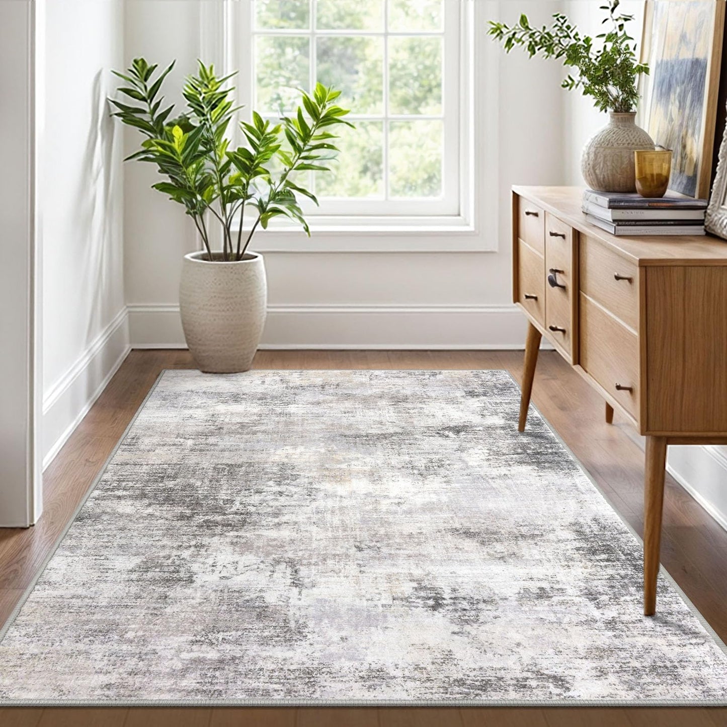 IOHOUZE Abstract Area Rug 4x6 Ft Washable Rugs for Entryway Indoor, Non Slip Small Living Room Rugs Printed Faux Wool Throw Rug, Floor Carpet for Kitchen Nursery Playroom, Grey Beige