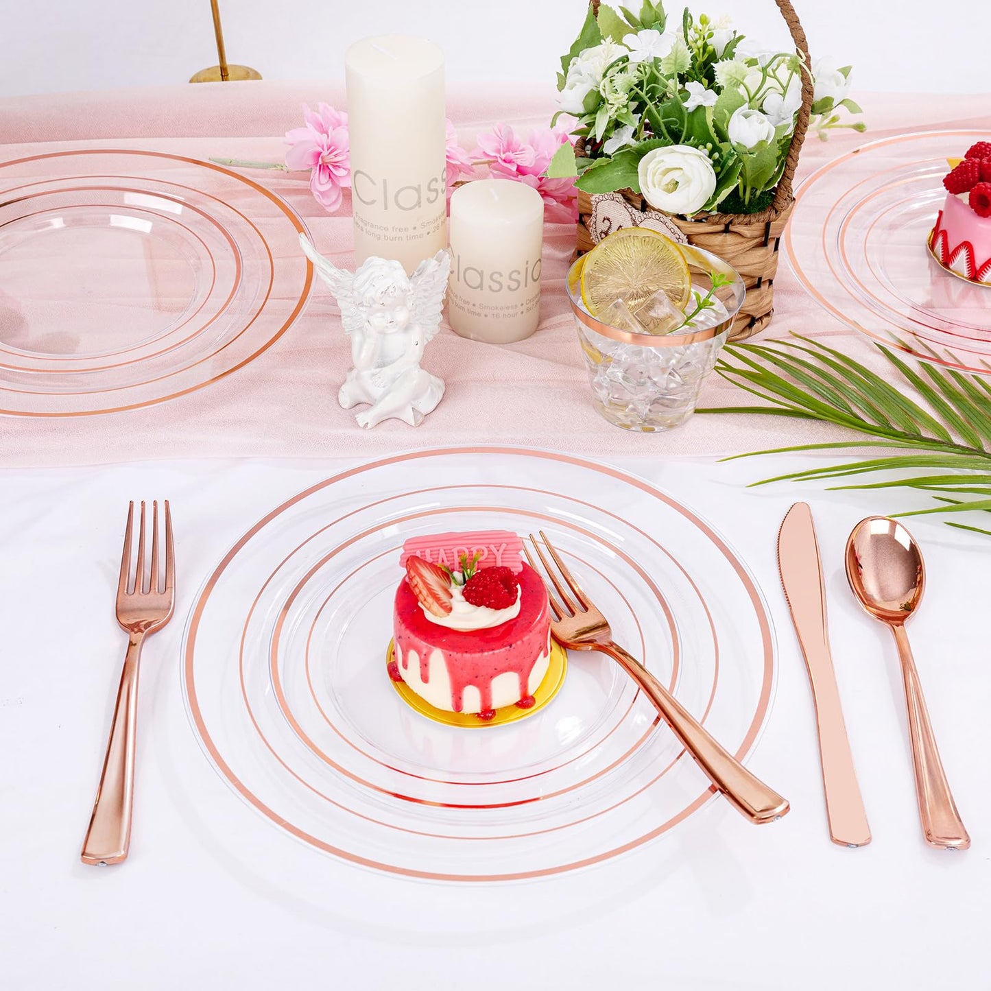 bUCLA 300PCS Rose Gold Plastic Dinnerware - Clear Dinnerware Set Disposable Include 50 Dinner Plates,50 Dessert Plates,50 Knives,50 Forks,50 Spoons,50 Cups for Party & Wedding
