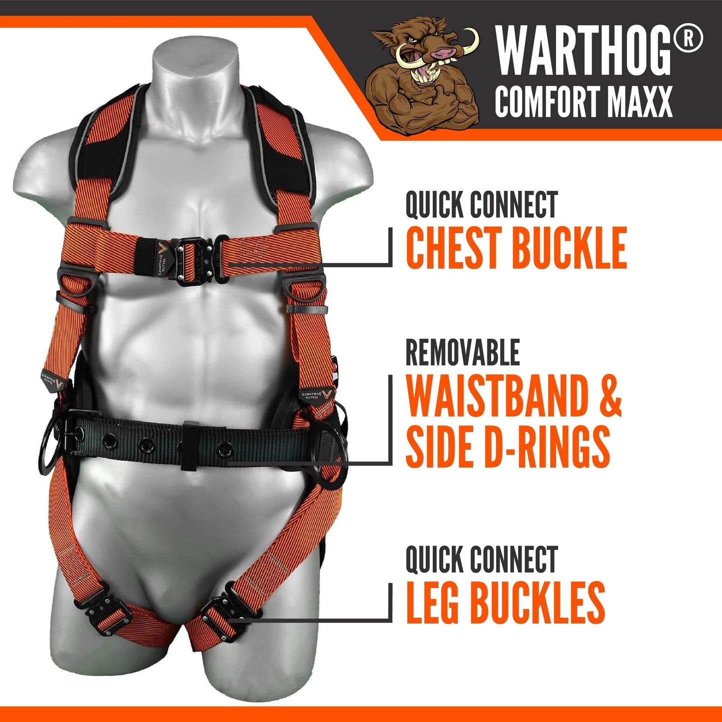 Malta Dynamics Warthog Comfort MAXX - Safety Harness for Construction – Fall Protection Equipment with Removable Belt and Lumbar Support, Side D-Rings, and Padding, OSHA & ANSI Compliant (L-XL)