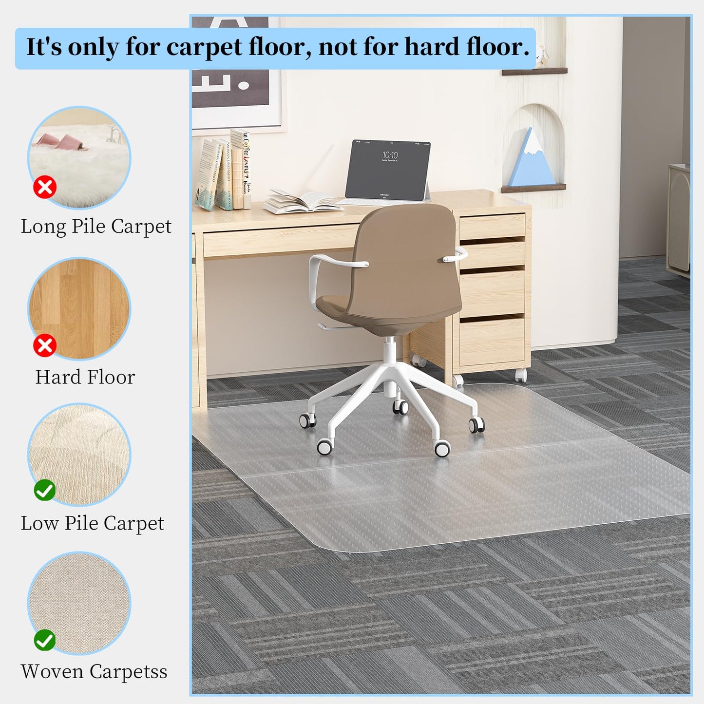 Tonaus Office Chair Mat for Carpet - 48"×36" Foldable Carpet Chair Mat - Transparent 2.2mm Thick Floor Protection with Non-Slip Studded for Low Pile Carpets Shiped Flat