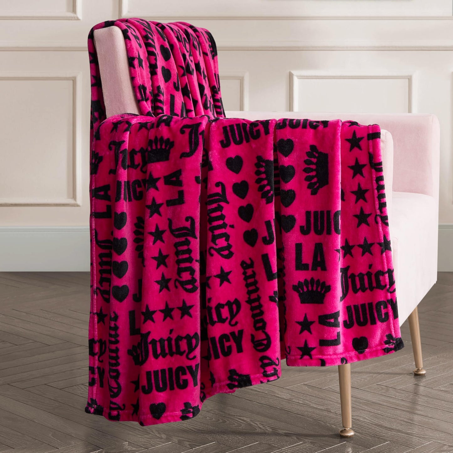 Juicy Couture Luxurious Throw Blanket for Couch - 50” x 70” Inches - Crown Royal Blanket - Plush & Cozy Throw Blanket - Decorative Blankets for Sofas, Throws for Chairs, and Beds – Hot Pink/Black