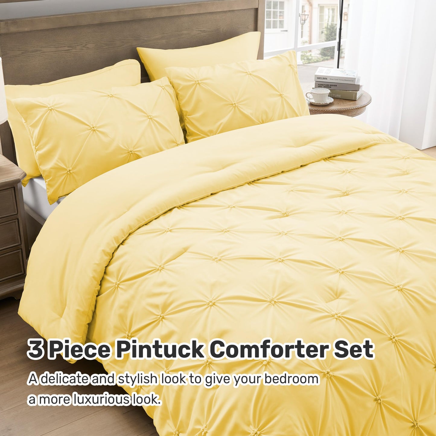 UNIKOME Queen Comforter Set Yellow - Ultra Soft Boho Pintuck Down Alternative Bedding Set for All Seasons, 3 Pieces Lightweight Warm Pinch Pleat Bed Set with Comforter, 2 Pillowcases