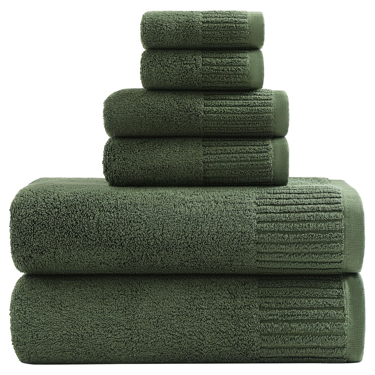 YTYC Bath Towels Set of 6, 100% Cotton, 650GSM, Ultra Soft Highly Absorbent, 2 Bathroom Towels 27.5x55 Inches, 2 Hand Towels, 2 Washcloths, Perfect for Bathroom, Gym, Spa, Olive Green