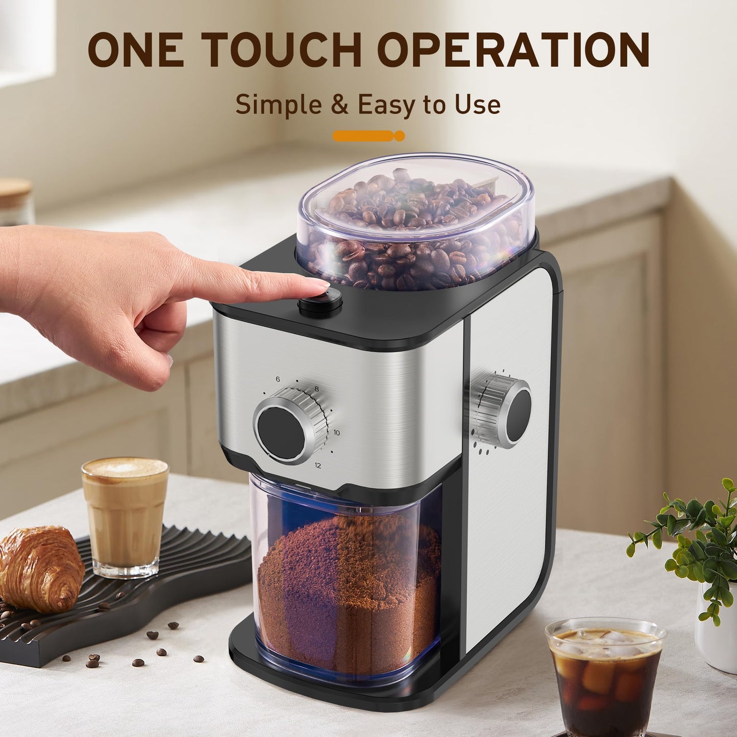 Ollygrin Flat Burr Coffee Grinder Electric, Adjustable Coffee Grinder for Home Use, Compact Coffee Beans Grinder with 14 Grind Settings, 2-12 Cups for Home & Office