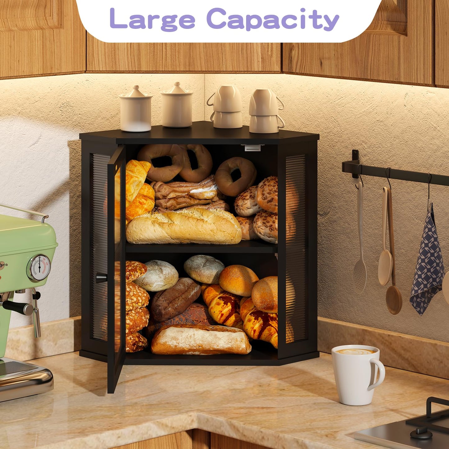Wieghda Corner Bread box for Kitchen Countertop,Farmhouse Bread Box with Acrylic Wavy Door Panel,Large Bread box for kitchen countertop, Food Storage Container (Black, Extra Large)