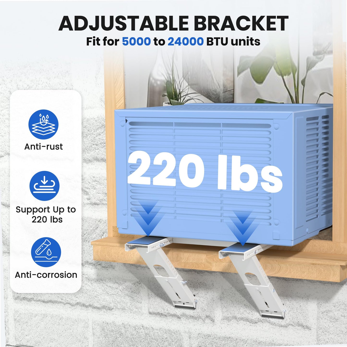 TAKTOPEAK Window Air Conditioner Support Bracket: 220lbs Dual Arm Universal Window AC Bracket for 5,000-24,000 BTU Units, Heavy Duty Window AC Mount for 3‘-12" Brick Concrete Wood Walls