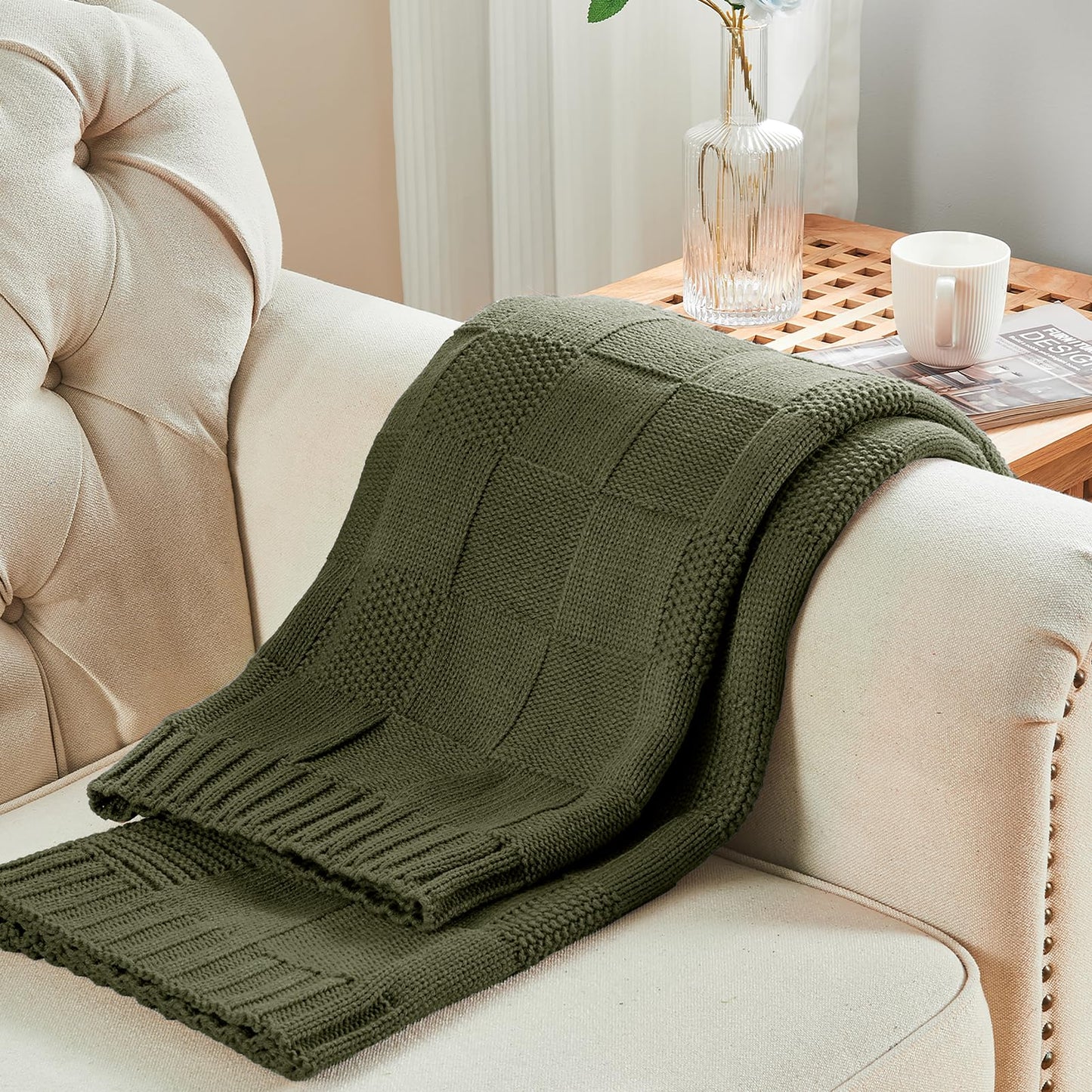 CozeCube Check Knit Throw Blanket, Olive Green Checkered Throw for Couch, Decorative Christmas Soft Cozy Warm Knitted Blanket for Bed Sofa Living Room, 60"X80"