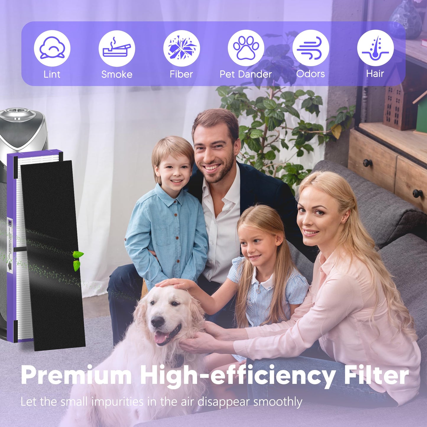 FLT4850PT Filter B Pet Replacement Compatible with G-Guardian AC4825, AC4300, AC4900, AC4825DLX, AC4850, CDAP4500 Air Purifier, 4 High efficiency Filters + 8 Activated Carbon Pre-Filters, Purple