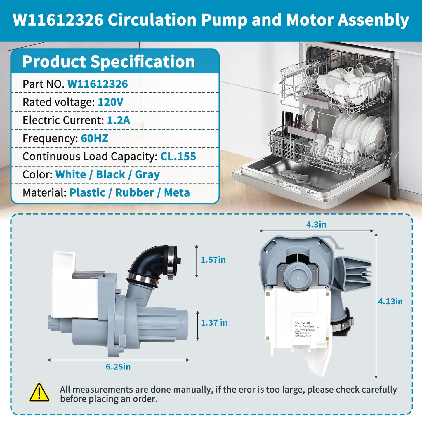 W11612326, W10805386 Dishwasher Circulation Pump Compatible with whirlpool, kenmore, amana: WDF330PAHB4 WDF330PAHS3 WDF330PAHS5 etc. Replace Dishwasher Pump W10879262, W11521435, AP7193729 etc