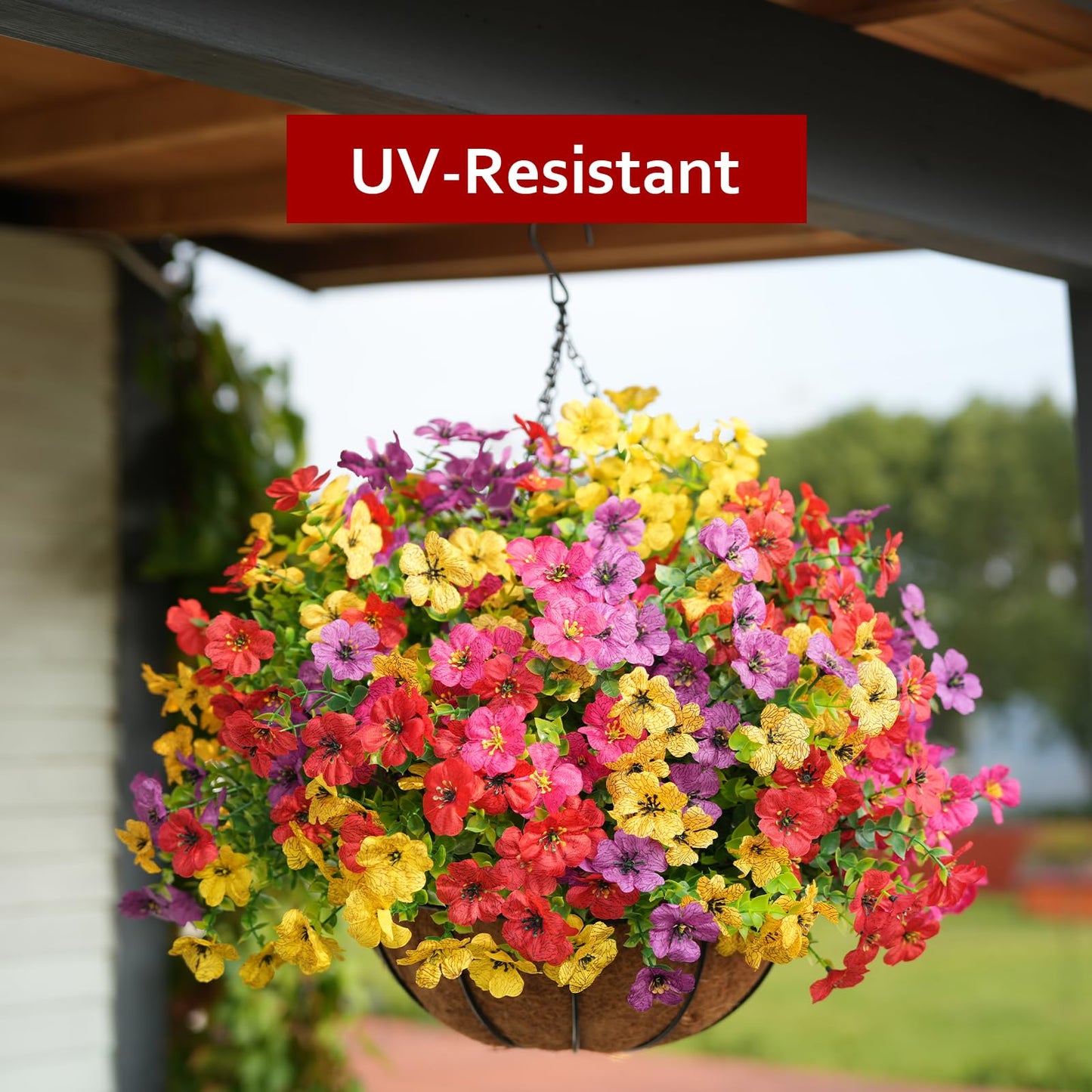 Stymedeca 2 Set Artificial Flowers Faux Hanging Plants Basket for Spring Summer Outdoor Outside Decoration, Fake Silk UV Sun Resistant Daisy Eucalyptus for Porch Home Patio Balcony Yard Decor