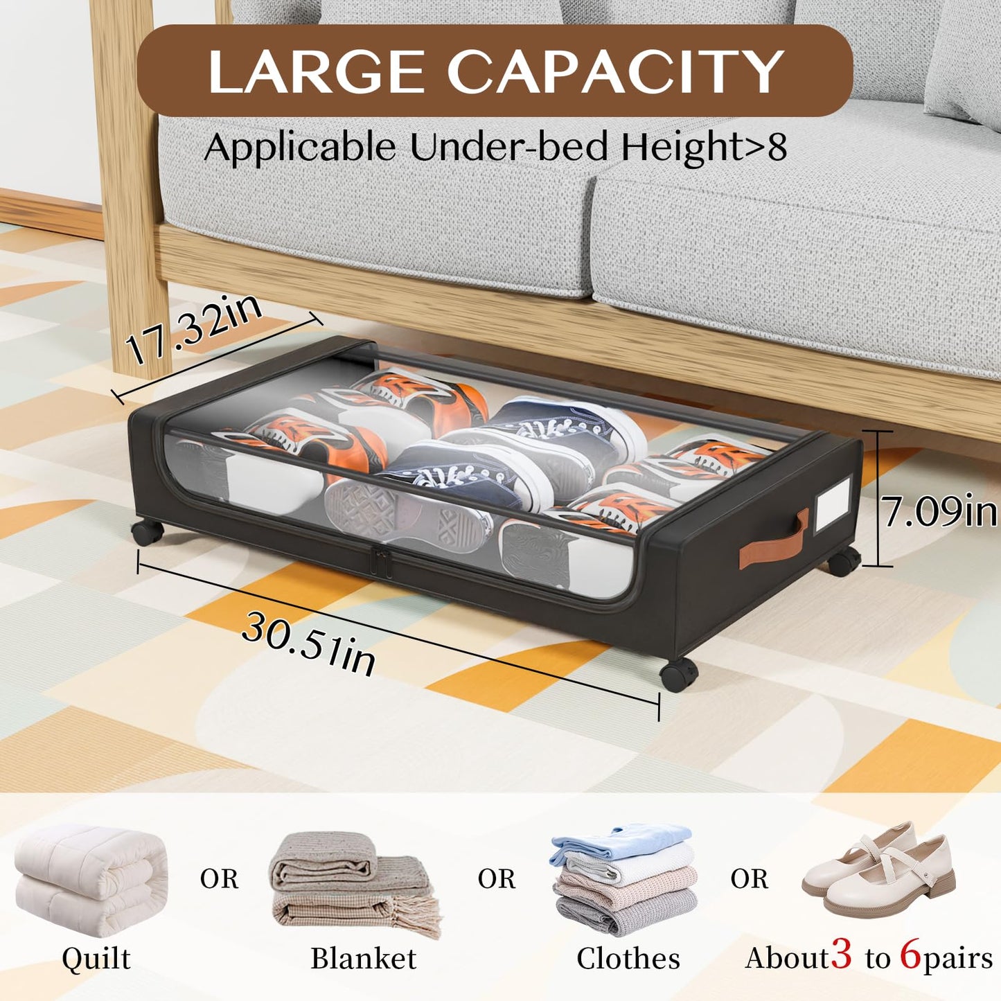 Futego Under Bed Storage with Wheels, UnderBed Storage Containers with Clear Lid and Handles, XXL 60L Under the Bed Storage Bins Drawers for Clothes,Blankets,Shoes,Books (BLACK, 2 PACK)