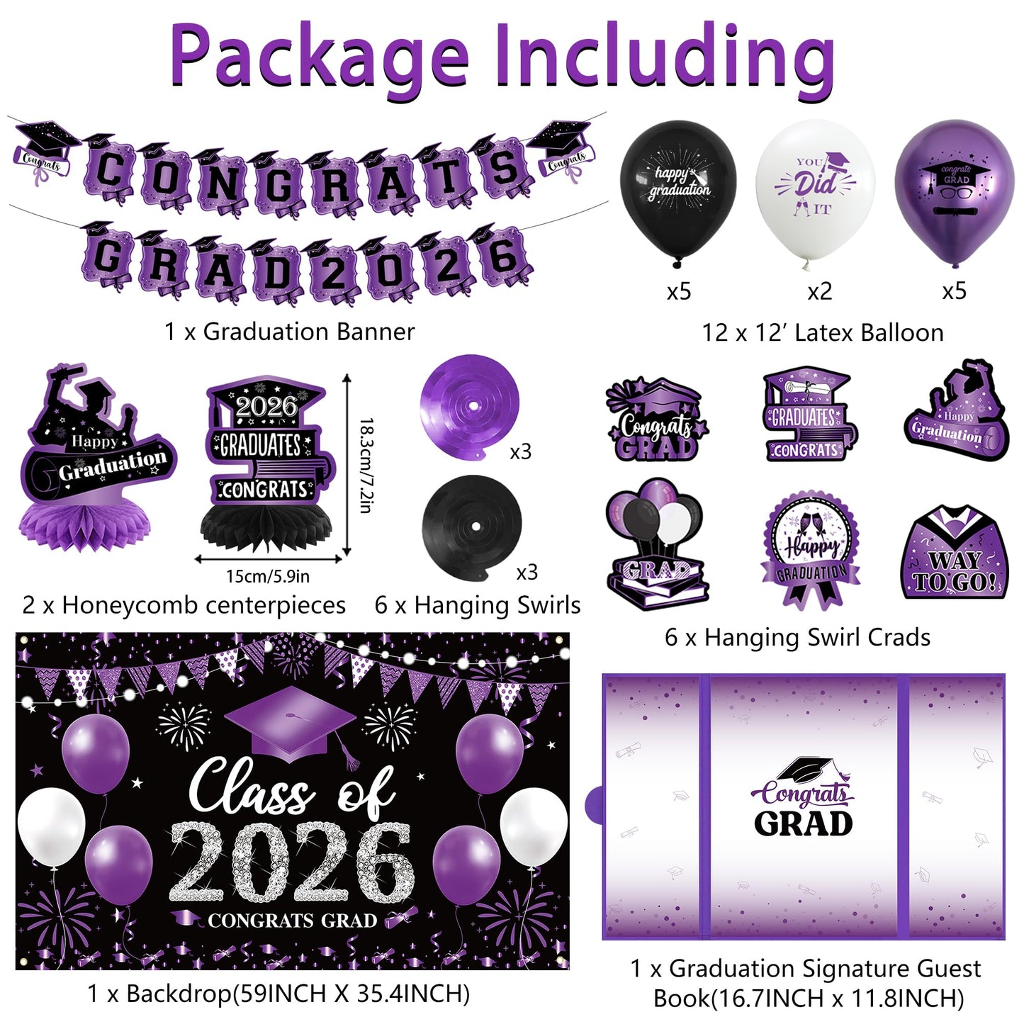 Vlipoeasn Purple 2026 Graduation Party Decorations 2026 College/High School Graduation Decorations Party Supplies, Black and Purple Class of 2026 Congrats Grad Backdrop Banner Signature Book