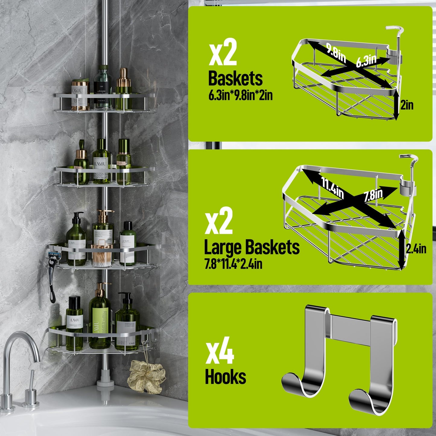 LAMU Shower Caddy Corner Tension Pole, Stainless Steel Shower Organizer, Strong Spring, 5 Adhesive Pads, 2.4 in Non-Slip Grid Base, Adjustable 4-Tier Basket, 4 Hooks, Fits Heights 37.8-124 in, Silver