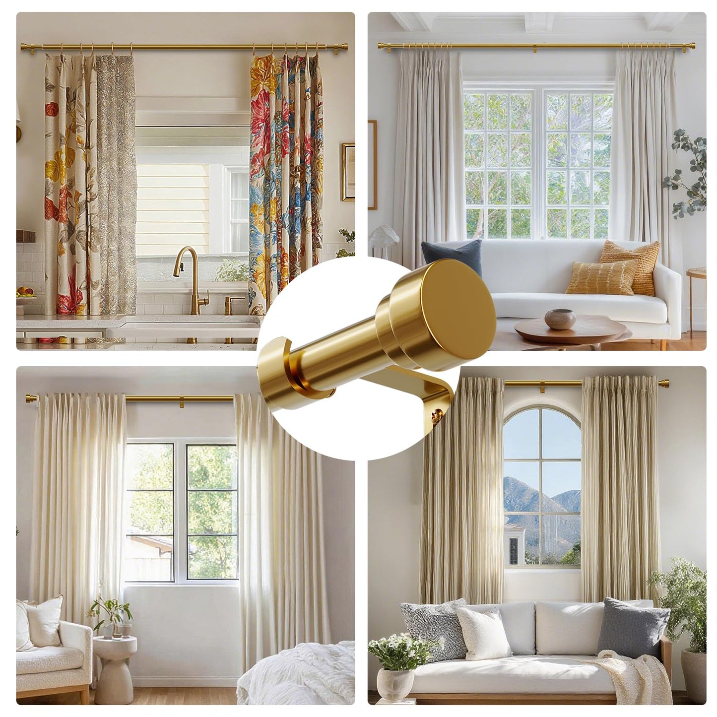 Oneach Heavy Duty Curtain Rods for Windows 72 to 144 Inch, 1 Inch Brass Gold Curtain Rod, Adjustable Length Rod with Metal Finials, Modern Decorative for Bedroom Kitchen Living Room (16 to 150 Inch)