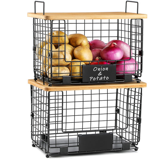 2 Set XL Stackable Wire Basket with Bamboo Tops & Tags- Pantry Organizer and Storage Bins, Kitchen Counter Cabinet Shelf Countertop Under Sink Organizing, Food Snack Produce Onion Potato Bread Storage