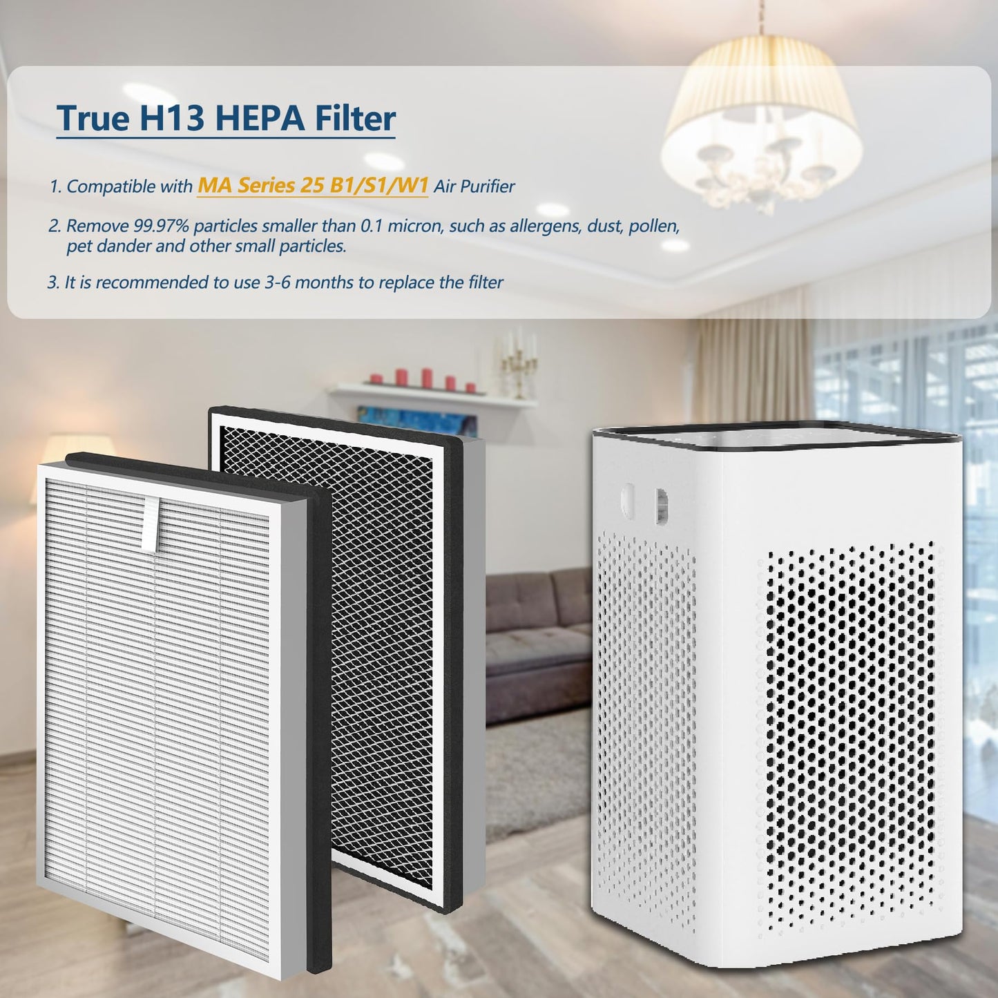 BesReyDa 4 Pack 25 Replacement Filters Compatible with MA Series 25 B1/S1/W1 Air Purifier, 3-in-1 True Hepa and Activated Carbon Filter