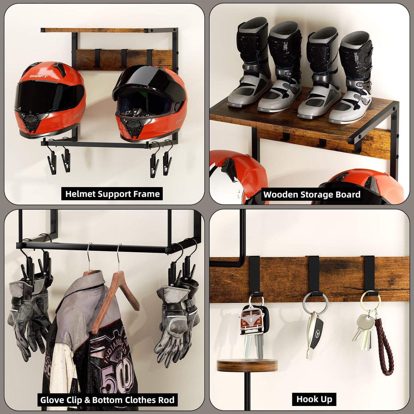 Urban Deco Motorcycle Helmet Holder Wall Mount, Helmet Rack with 2 Hat Stands, Helmet Stand for Display Wall Mount, Motorcycle Accessories Gear Storage for Men, Small