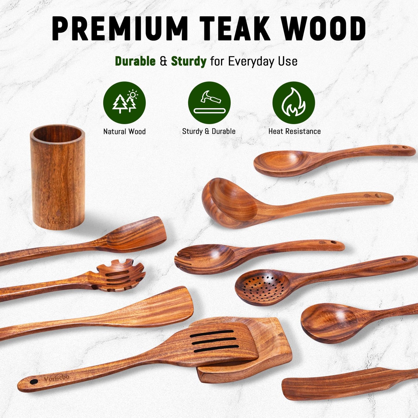 Vorisebo 12 Piece Wooden Spoons for Cooking, Natural Teak Wooden Utensils Set, Handmade Wood Kitchen Utensil Set with Holder and Spoon, Durable Nonstick, Comfort Grip Wood Cookware Tool