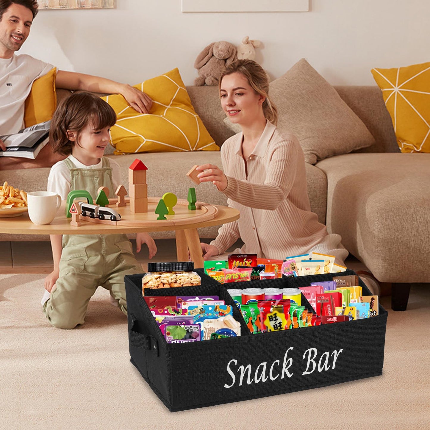 Xbopetda Snack Organizer for Countertop, Fabric Snack Bar Station with Handles, 6 Compartment Container, Black 【Patent Pending】